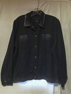 Alfred Dunner Black Studded Denim Jacket with Rhinestone Trim
